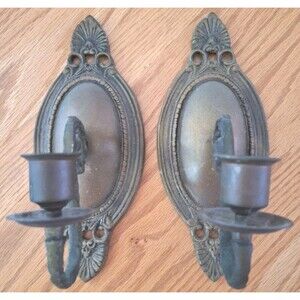 Pair Vintage Brass Wall Sconce Candle Holders 9” Tall Hollywood Regency Decor
